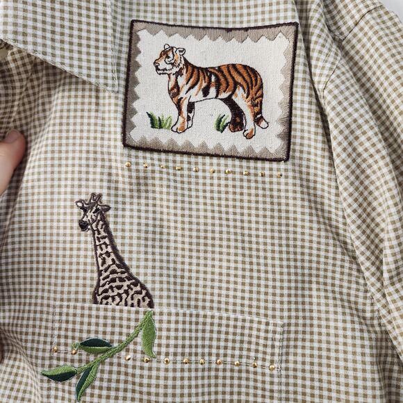 Coconut Row Vintage Safari Embroidered Button Down Shirt L Gingham Retro - Picture 6 of 9